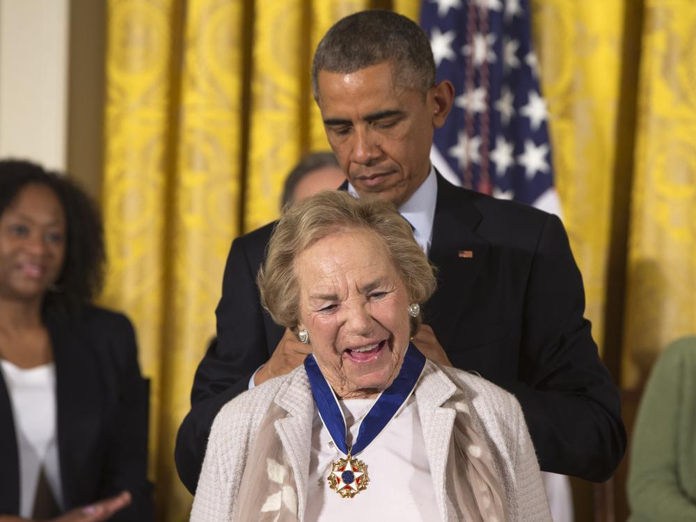 President Barack Obama awards Ethel Kennedy the Presidential Medal of Freedom on Nov. 24, 2014, during a ceremony in the East Room of the White House.