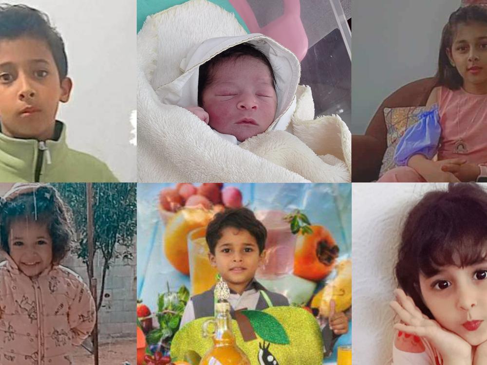 The last remaining photos of Taqwa Abusaeid’s children: Suhaib (top left), Ibrahim (top center), Somaya (top right), Juman (bottom right), Mohammed (bottom center) and Riman (bottom right). The mother lost nearly all her photos in the Israeli airstrike that killed them.