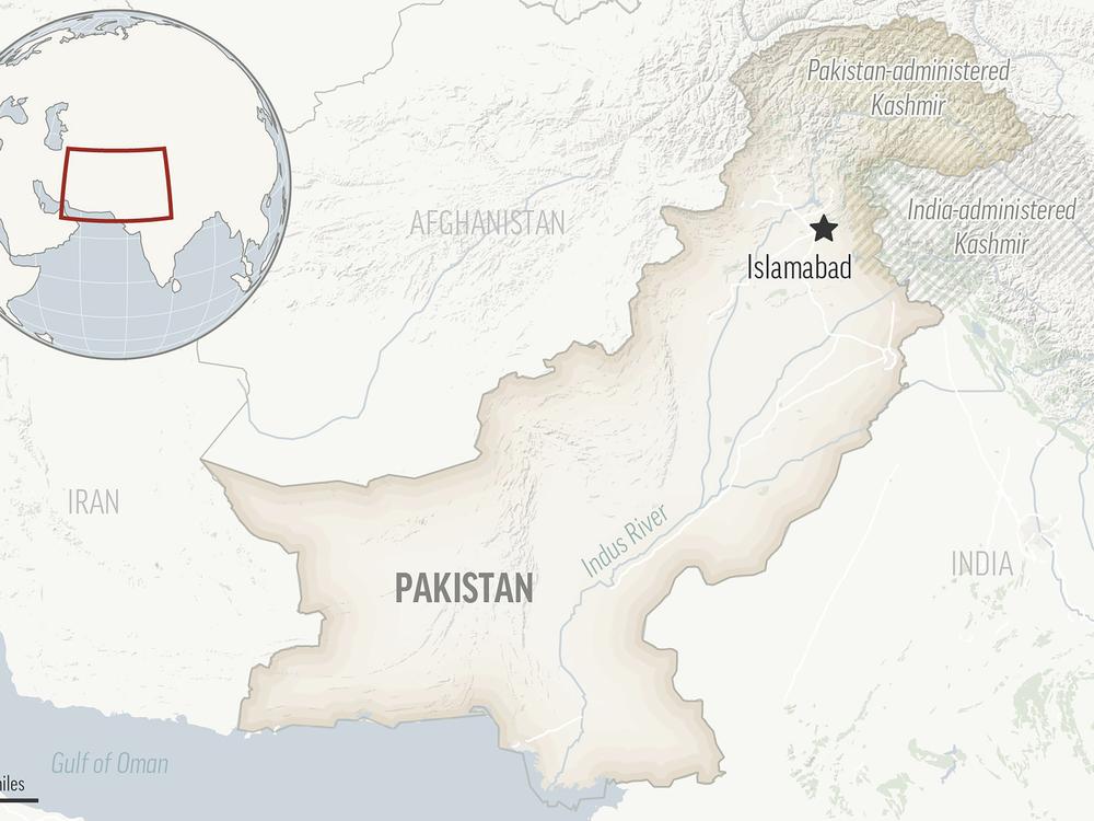 This is a locator map for Pakistan with its capital, Islamabad, and the Kashmir region.