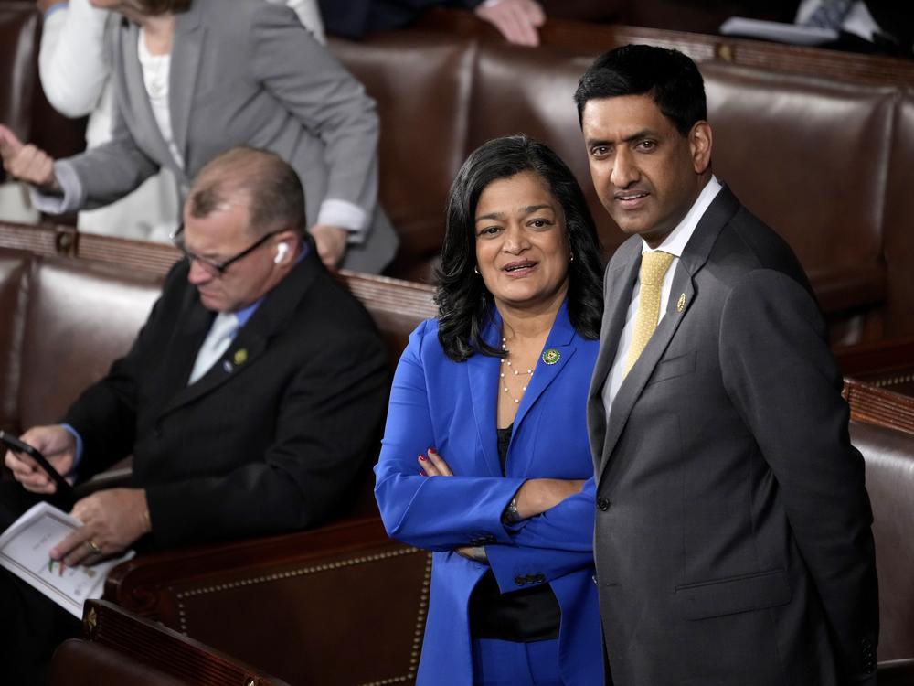 U.S. Rep. Pramila Jayapal (D-WA) and Rep. Ro Khanna (D-CA) wait for an address by Indian Prime Minister Narendra Modi during a joint meeting of Congress at the U.S. Capitol on June 22, 2023 in Washington, DC.
