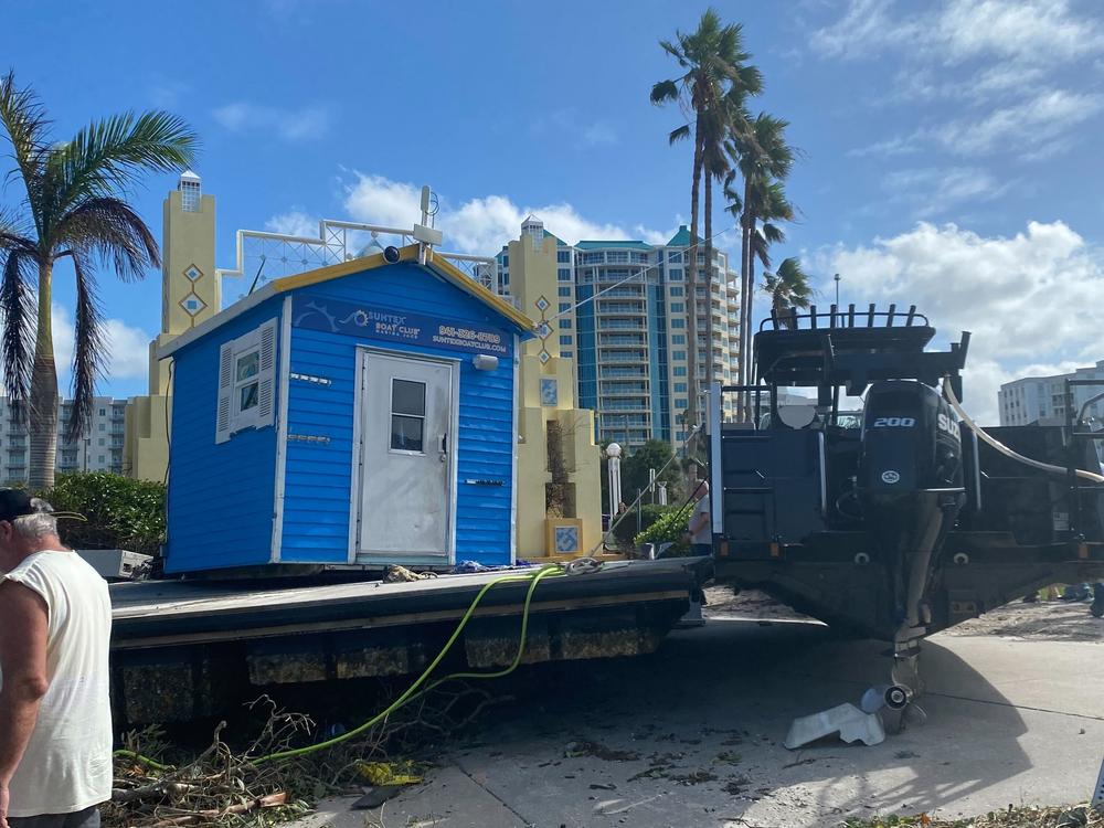 An entire dock lifted up and out of the water by Hurricane Milton is shown here Thursday morning at the Sarasota marina.