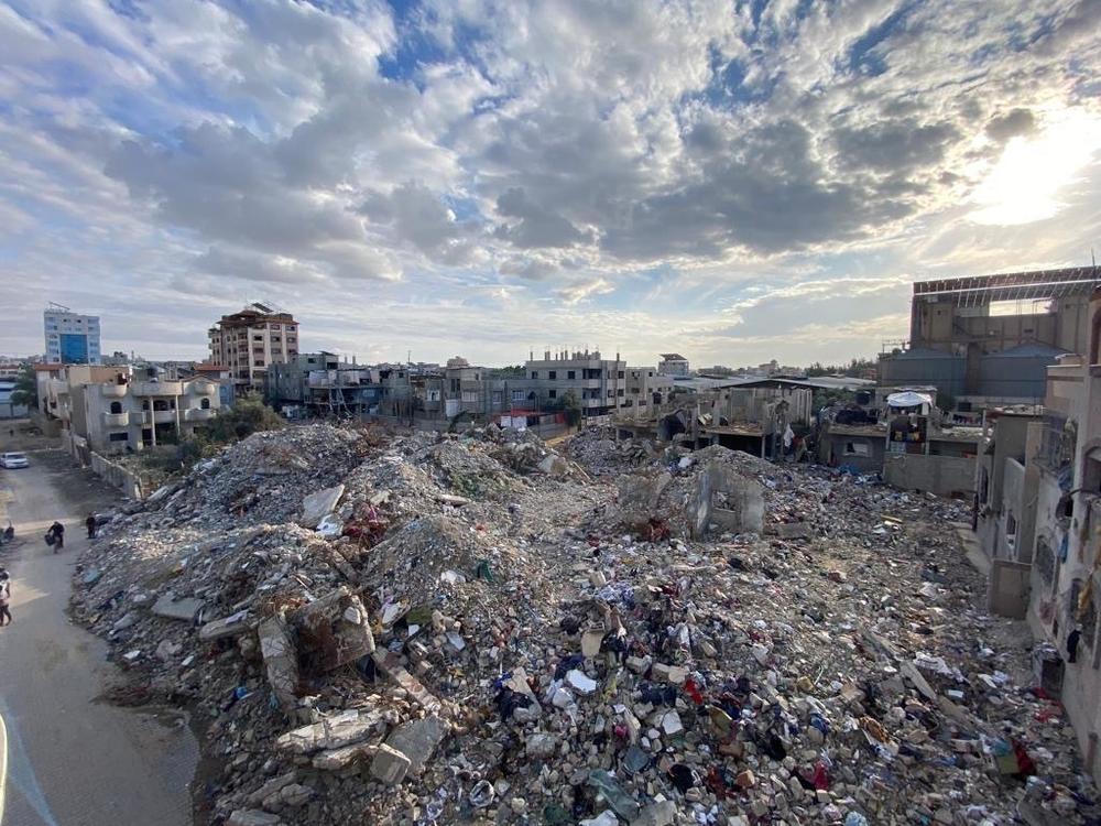 The aftermath of an Israeli airstrike on the residential tower, known as the Engineers’ Building, that was bombed on Oct. 31, 2023, in Nuseirat, Gaza.