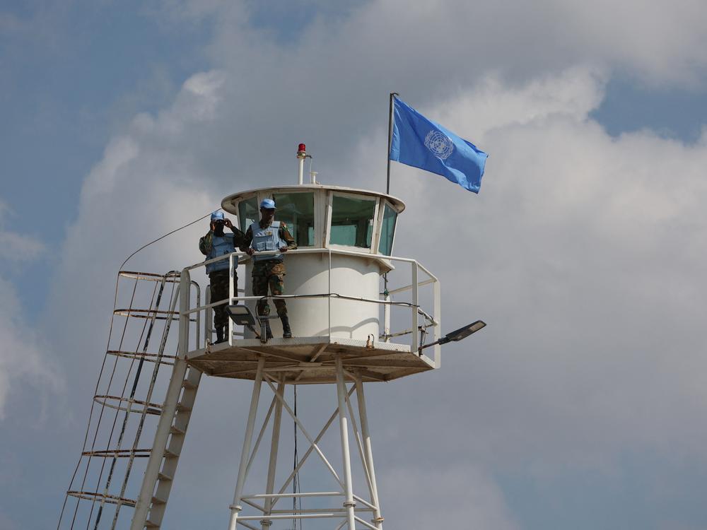 Peacekeepers from the United Nations Interim Force in Lebanon (UNIFIL) man an observation point along what's called the Blue Line on the border between Lebanon and Israel, near the southern Lebanese town of Marwahin, on Oct. 12, 2023.