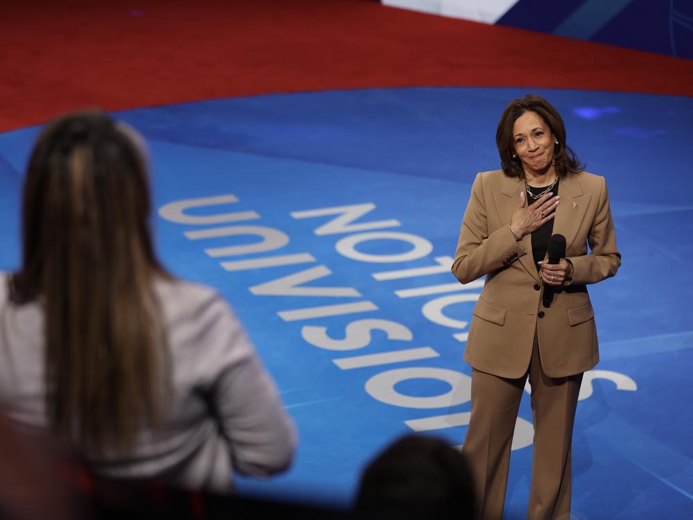 Vice President Harris reacts as she takes a question from a member of the audience during a Univision town hall at Cox Pavilion at UNLV in Las Vegas on Thursday.