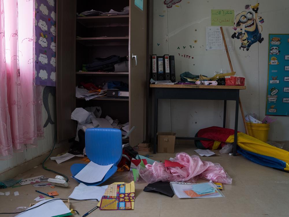The scene of a classroom that had been attacked at Obeida's school.