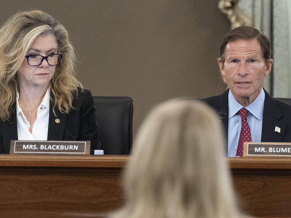 FILE - Sen. Marsha Blackburn, R-Tenn., left, and Sen. Richard Blumenthal, D-Conn., right speak during a hearing, Oct. 5, 2021, in Washington.