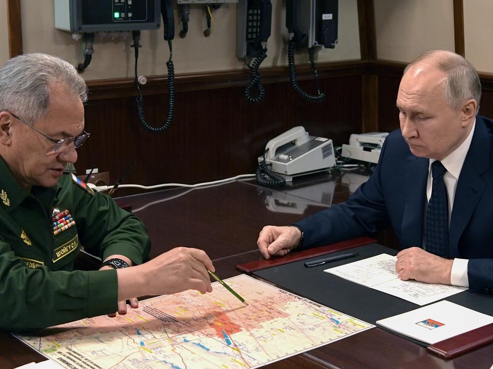 In this pool photograph distributed by Russian state agency Sputnik, Vladimir Putin and Russia's Defense Minister Sergei Shoigu meet in December, 2023