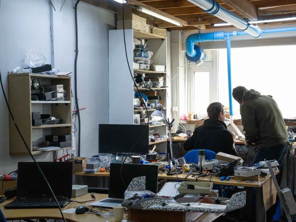 Employees work on drones at the company Skyassist in Ukraine.