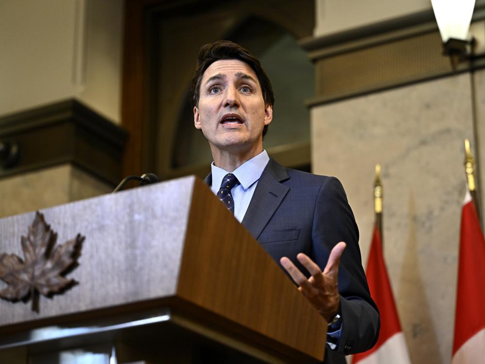Canadian Prime Minister Justin Trudeau speaks at a news conference on the investigative efforts related to violent criminal activity occurring in Canada with connections to India in Ottawa, Ontario, on Monday, Oct. 14, 2024.