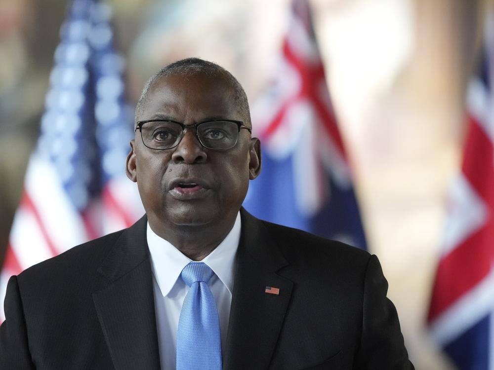 Secretary of Defense Lloyd Austin is shown speaking in Greenwich, London, Sept. 26, 2024.