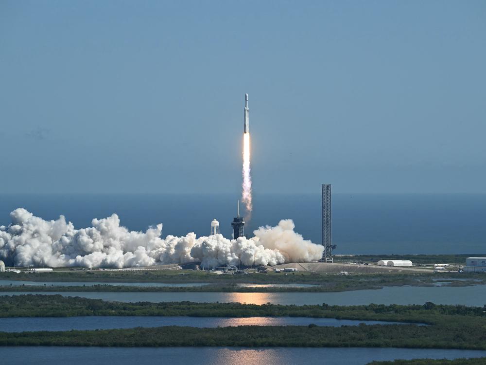 A SpaceX Falcon Heavy rocket with the Europa Clipper spacecraft aboard launches from Launch Complex 39A at NASA's Kennedy Space Center in Cape Canaveral on Monday.