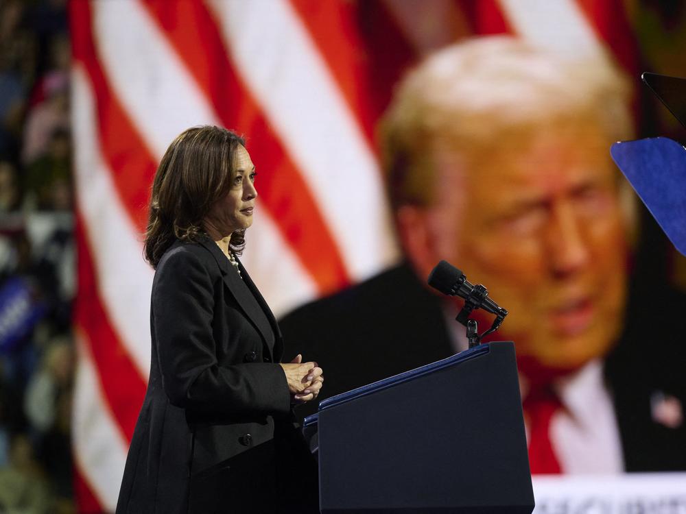 Vice President Harris plays a highlight reel of her opponent, former President Donald Trump, during a rally in Erie, Pa., on Oct. 14, 2024.