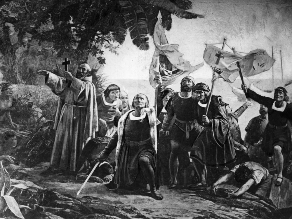 Christopher Columbus landing in America with the Piuzon Brothers bearing flags and crosses, 1492.