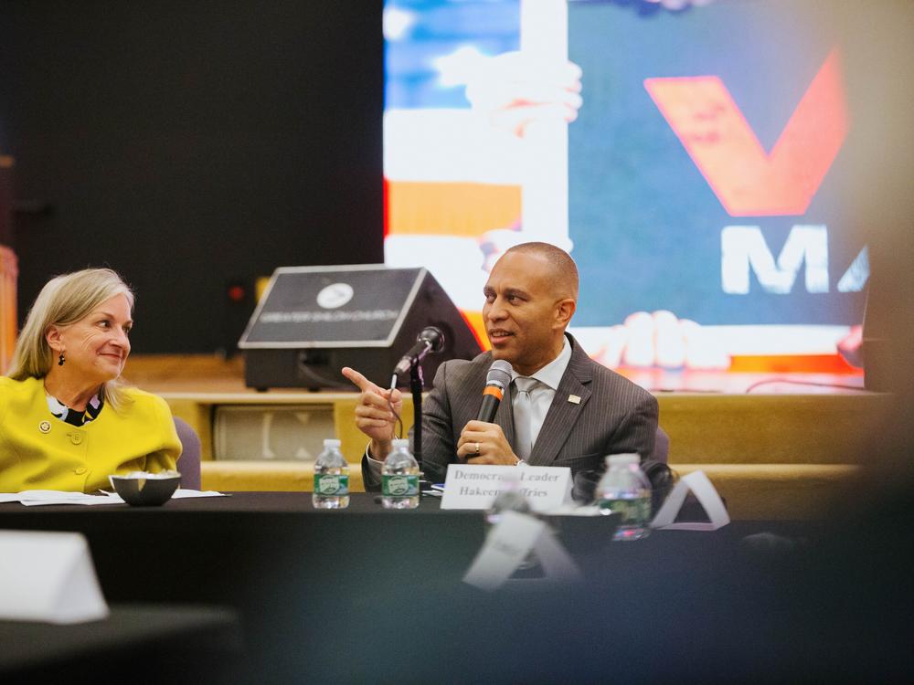 House Minority Leader Hakeem Jeffries speaks alongside Rep. Susan Wild during a roundtable discussion about voting rights at Greater Shiloh Church in Easton, Pa, on Oct. 10.