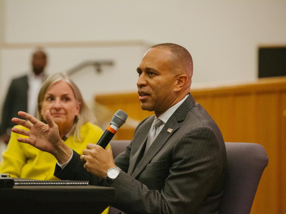 House Minority Leader Hakeem Jeffries speaks alongside Rep. Susan Wild during a roundtable discussion about voting rights in Easton on Oct. 10.