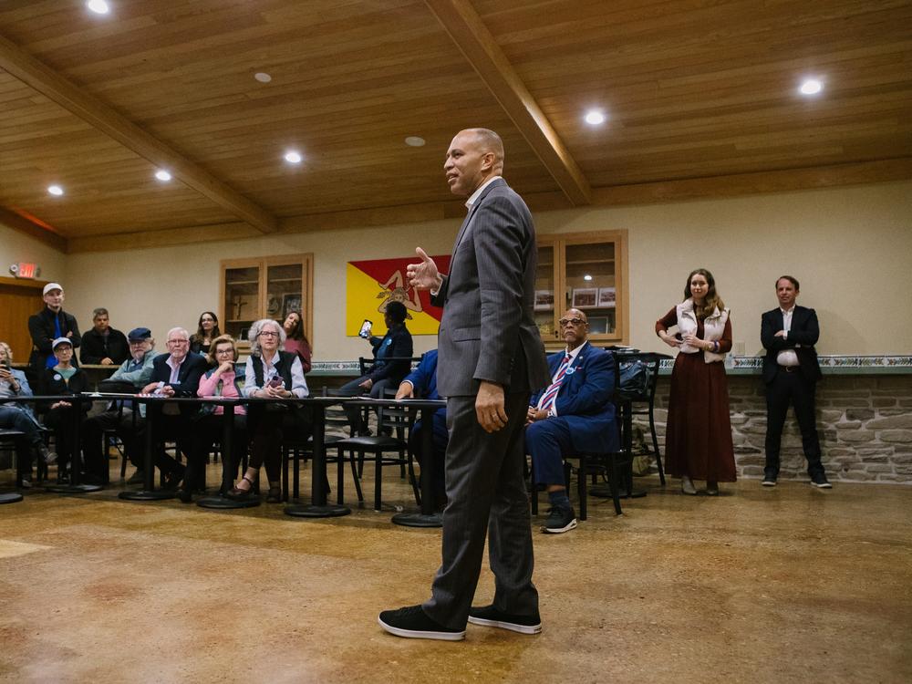 House Minority Leader and Leader of the House Democratic Caucus, Hakeem Jeffries, speaks to campaign volunteers for Susan Wild, the US Representative for Pennsylvania’s 7th District, at the Italian Center in Williams Township, Pennsylvania, on Thursday, October 10, 2024.