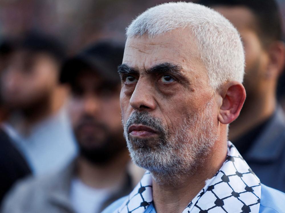 Hamas leader Yahya Sinwar looks on as Palestinian Hamas supporters take part in an anti-Israel rally over tension in Jerusalem's Al-Aqsa Mosque, in Gaza City, Oct. 1, 2022.