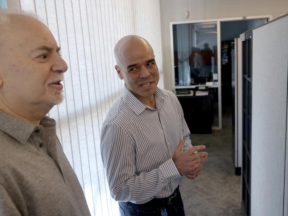 Clark County Public Administrator Robert Telles (right) talks to Las Vegas Review-Journal reporter Jeff German in his Las Vegas office on May 11, 2022.