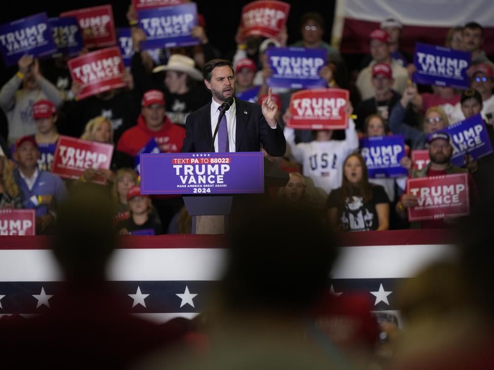 Republican vice presidential nominee Sen. JD Vance, R-Ohio, speaks during a campaign event Wednesday in Williamsport, Pa.