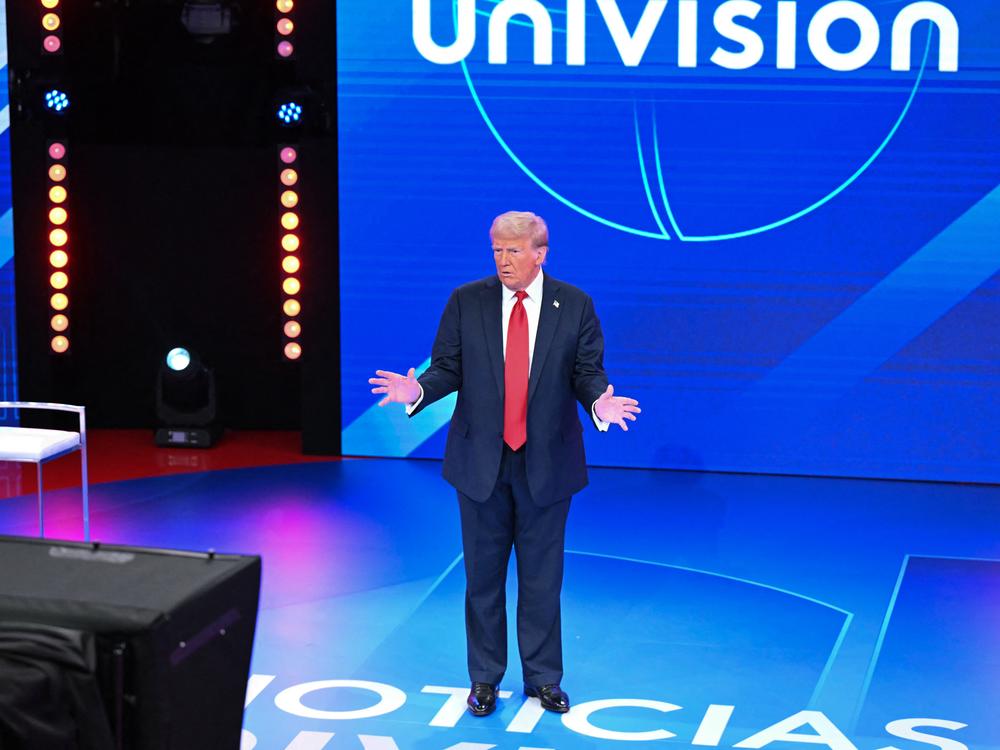 Former President Donald Trump addresses a town hall hosted by Univision and moderated by Enrique Acevedo in Miami on Wednesday.