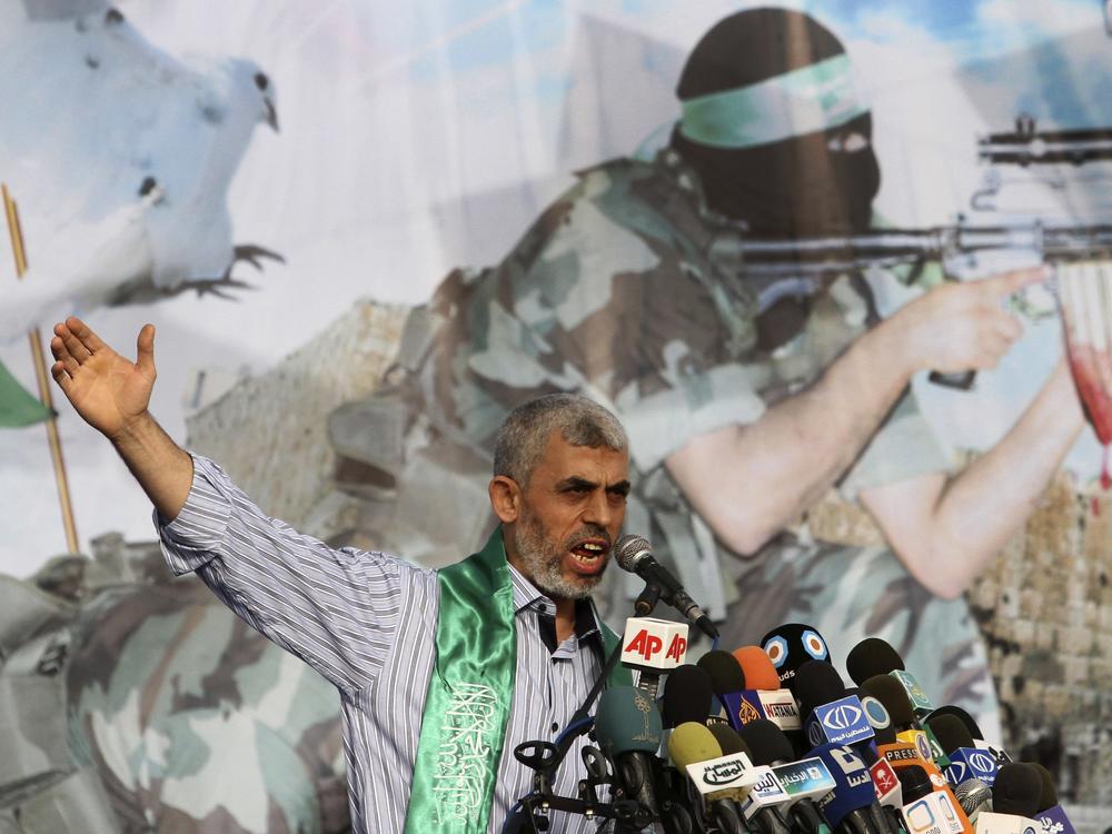Yahya Sinwar, a founder of Hamas' military wing, talks during a rally in Khan Younis, southern Gaza Strip, in 2011.