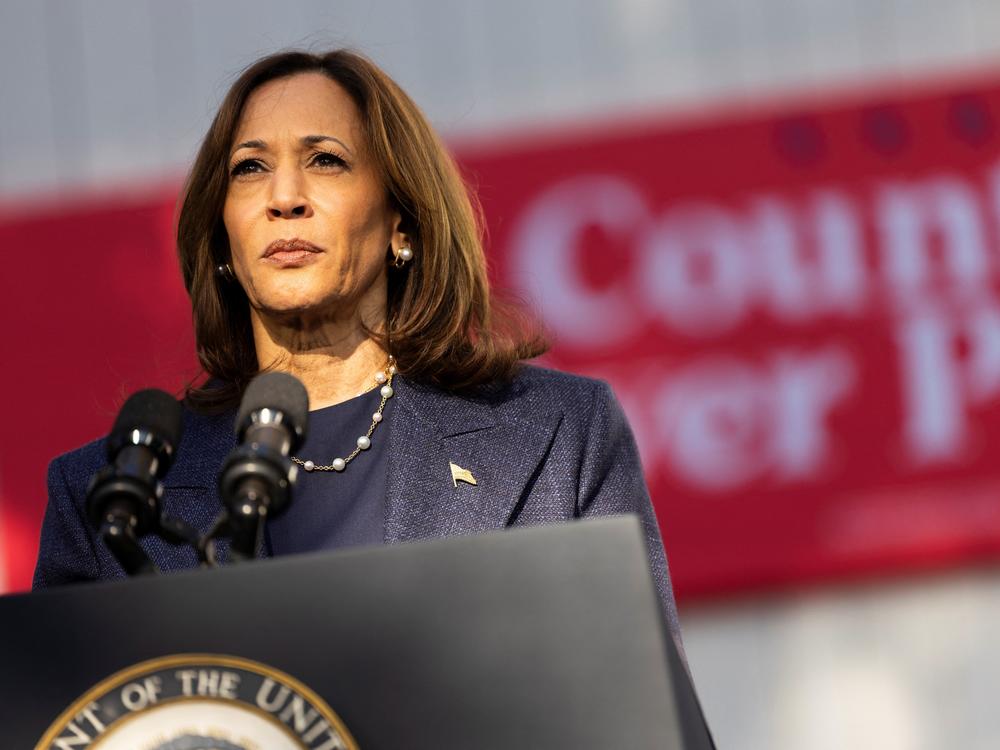 Vice President Harris speaks at a campaign event at Washington Crossing Historic Park in Washington Crossing, Pa., on Wednesday.