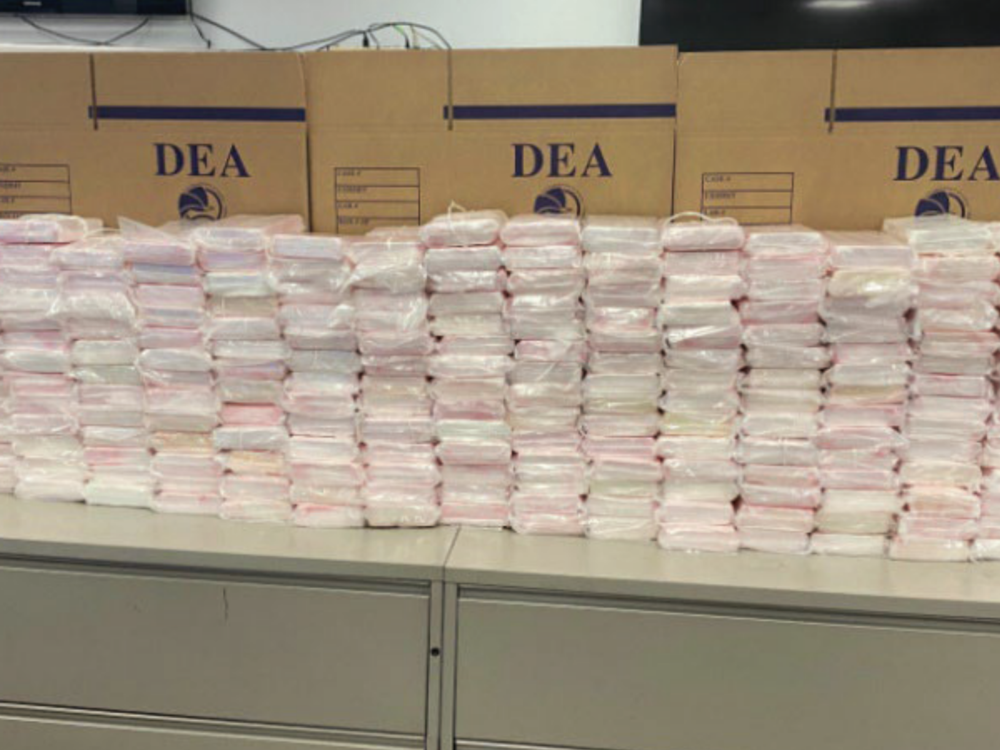 Stacks of cocaine are seen in a Justice Department image from Aug. 1, when some 201 kgs of cocaine were seized in Riverside County, Calif., as part of an investigation into an international trafficking ring.