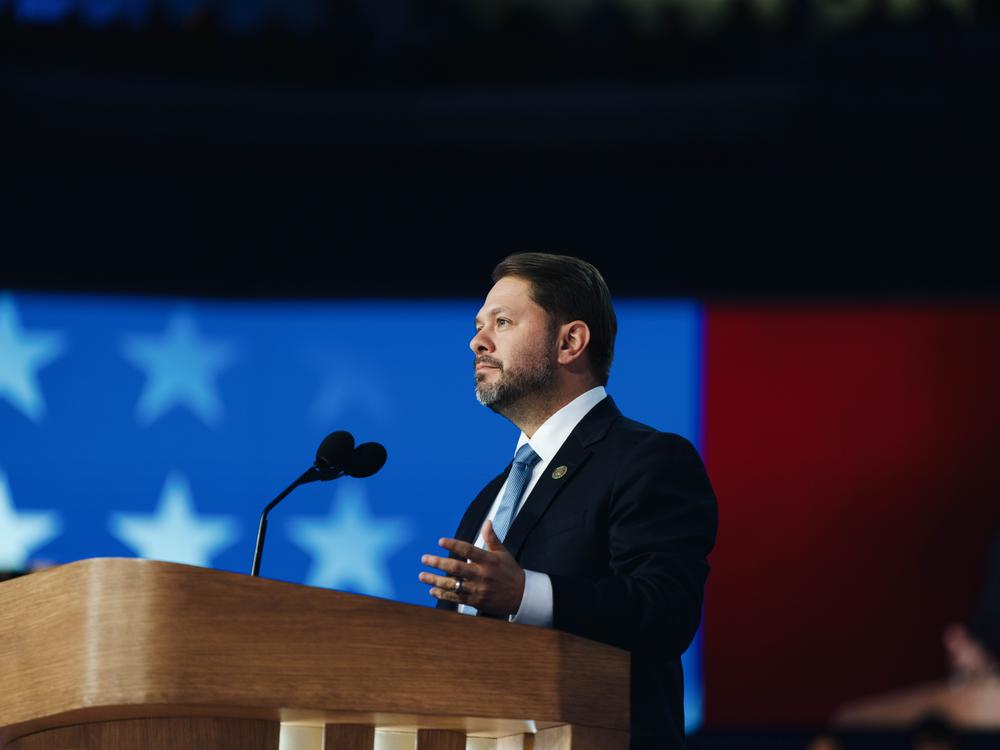 Ruben Gallego speaks on August 22, 2024, the final night of the DNC.