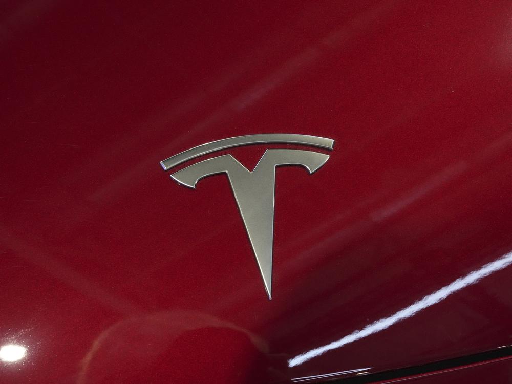 The logo of Tesla car is pictured at the Paris Auto Show, in Paris on Oct. 14, 2024.