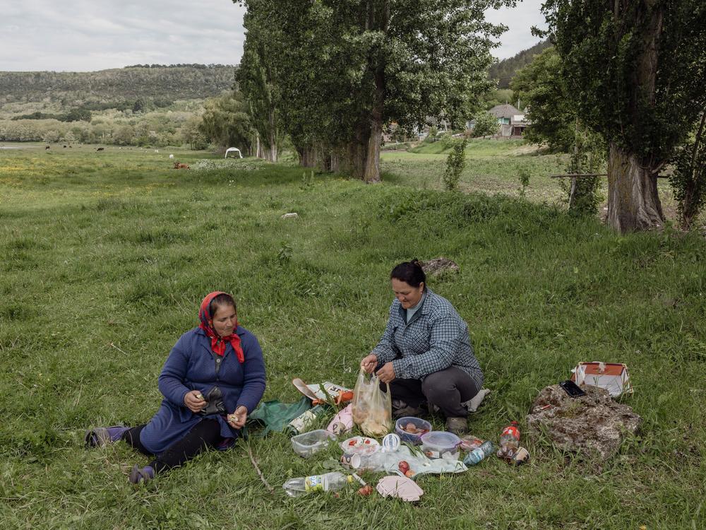 Women picnic while tending to cattle along the banks of the Dniester River in Bursuc, Moldova, May 14.