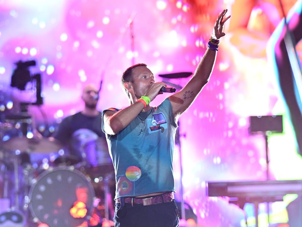 Coldplay performs during the Glastonbury Festival 2024 on June 29, 2024. This week, the band's 10th album, <em>Moon Music</em>, became its fifth to hit No. 1 on the <em>Billboard </em>200 album chart.
