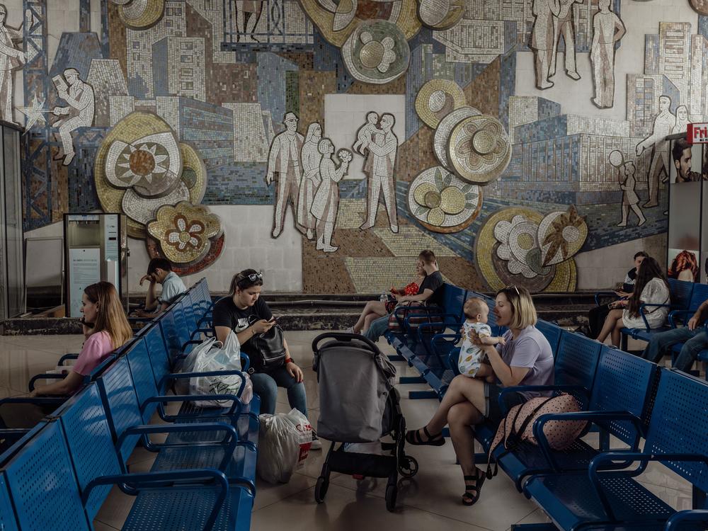 A Soviet mosaic titled “The City is Flourishing and Being Built,” inside the Central Bus Station in Chișinău, Moldova, June 16, 2023. Soviet-era monuments, statues and mosaics are prevalent in Moldova, serving as visual reminders of its historical ties to the Soviet Union.