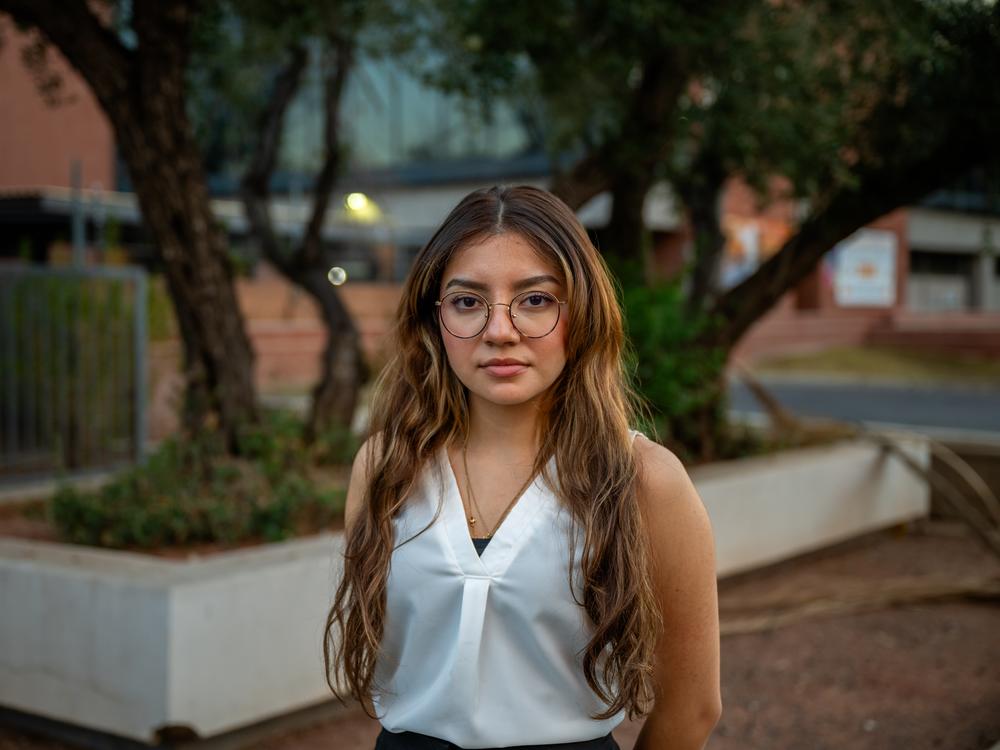 Daniela Chavira poses for a portrait during an Aliento phone banking event in Phoenix on Oct. 7.