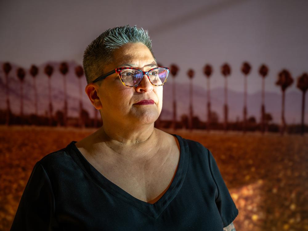 Deanna Villanueva-Saucedo, associate vice chancellor at the Center for Excellence in Inclusive Democracy in the Maricopa Community College system, poses for a portrait on the South Mountain Community College campus in south Phoenix, Ariz., on Oct. 9, 2024.