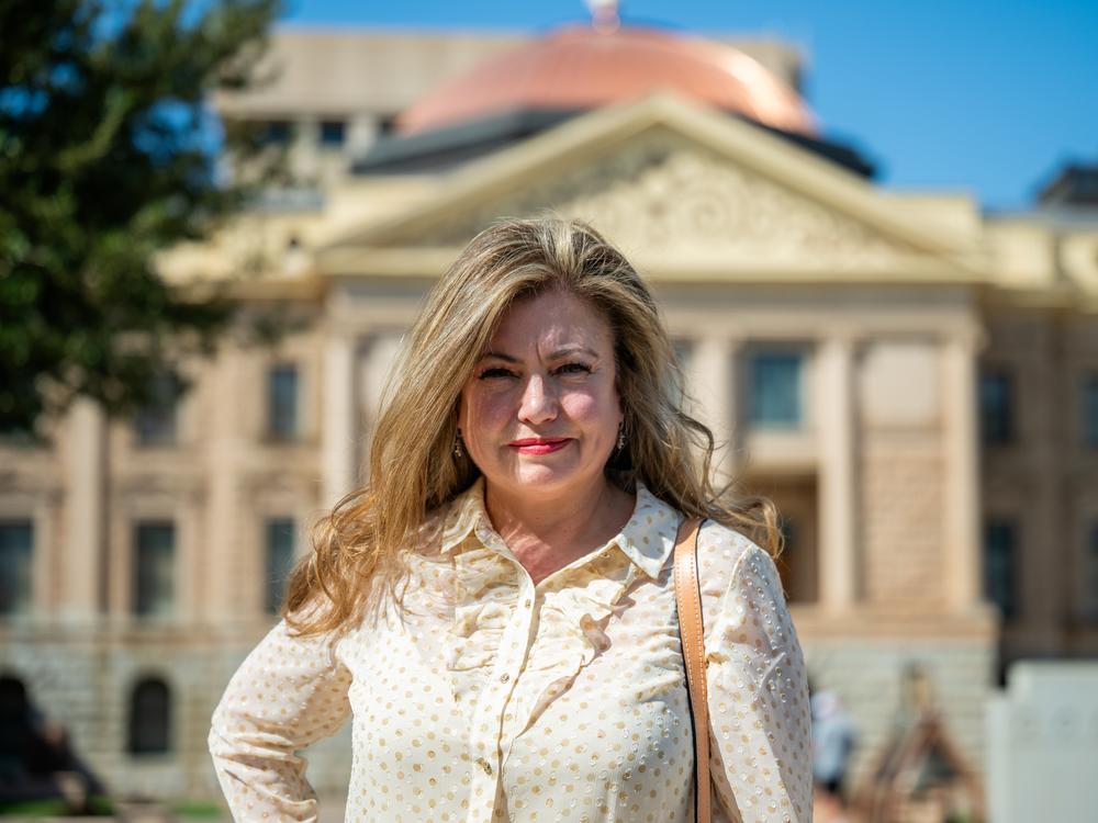 Monica Villalobos, president of the Arizona Hispanic Chamber of Commerce, poses for a portrait at the state capitol in Phoenix on Oct. 10.