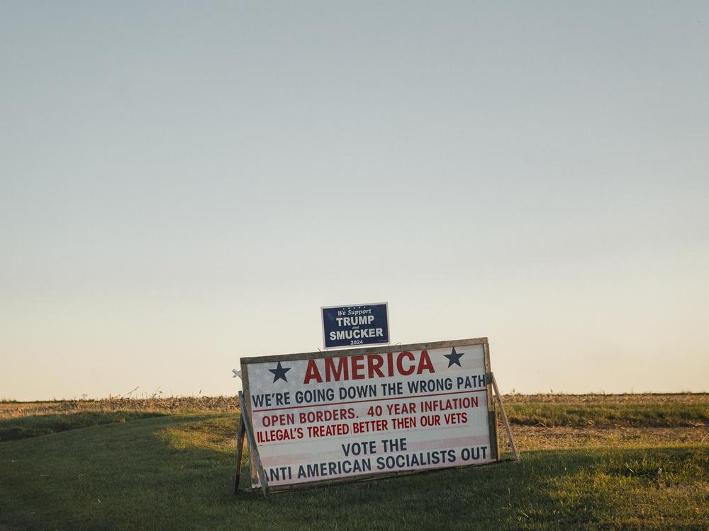 A sign supporting former president Donald Trump is seen in Ronks, PA, on Friday Oct. 18, 2024.