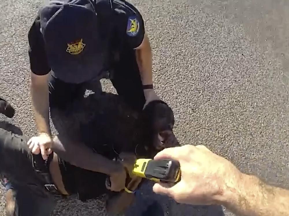 This image from Phoenix Police Department body camera footage from Aug. 19 shows Tyron McAlpin, a Black man who is deaf, being punched and shocked with a Taser by Phoenix police officers when they responded to a call that he had committed an assault at a convenience store, according to police.