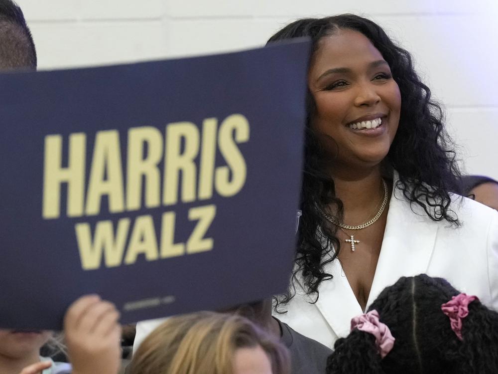 Lizzo attends a campaign event for Democratic presidential nominee Vice President Kamala Harris at Western International High School in Detroit, Saturday, Oct. 19, 2024.