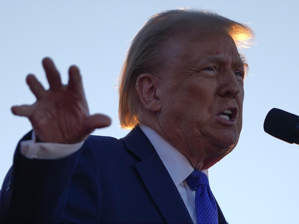 Republican presidential nominee former President Donald Trump speaks during a campaign rally at Arnold Palmer Regional Airport on Saturday in Latrobe, Pa.