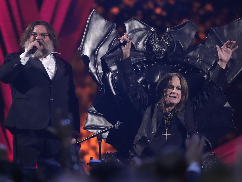 Jack Black, left, and Ozzy Osbourne appear during the 39th Annual Rock & Roll Hall of Fame Induction Ceremony on Saturday at Rocket Mortgage FieldHouse in Cleveland.