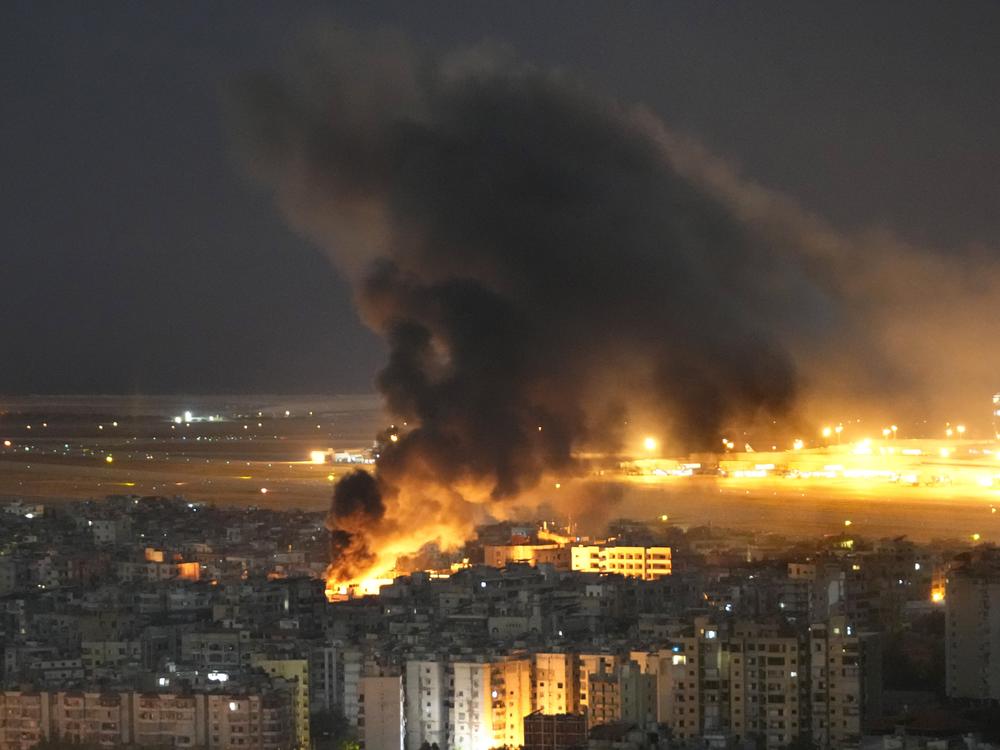Flames and smoke rise form an Israeli airstrike on Dahiyeh, in the southern suburb of Beirut, Lebanon, on Sunday.