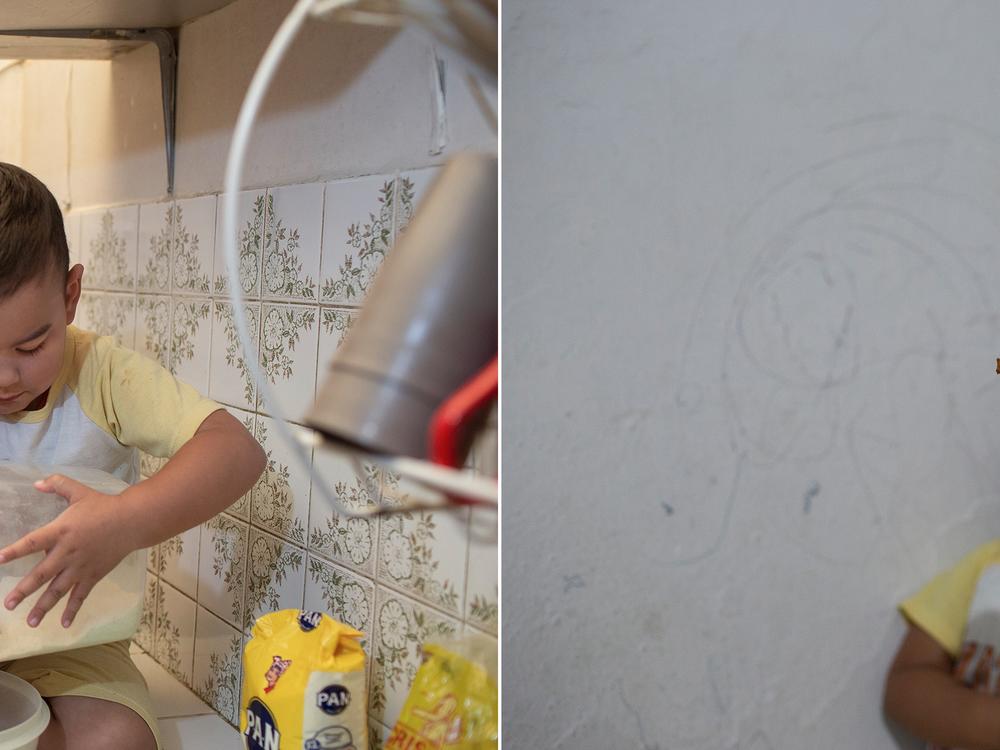 Sanabria and Joshua in their kitchen. She knows that a diet based on flour isn't healthy, but that's what they can mainly afford: arepas (a flatbread made from ground corn) in the morning, for lunch and at night.