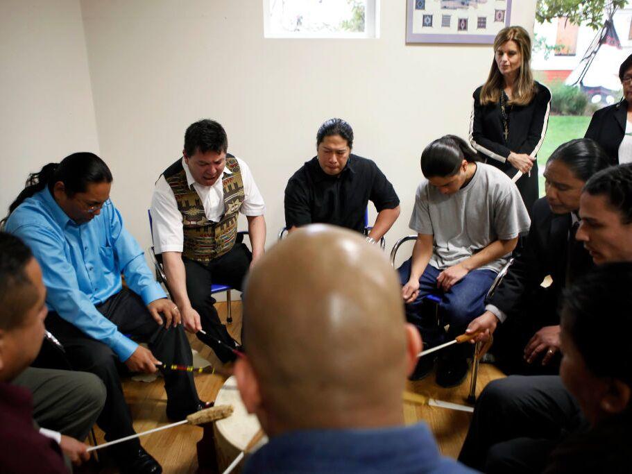 A drumming circle at the Friendship House in San Francisco. Friendship House is a Native-led recovery treatment program that provides culturally relevant care.