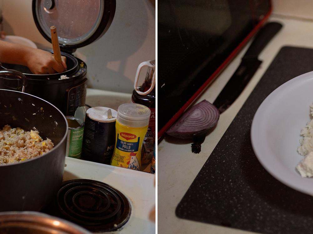 Left: Emilia Lopez (left), 30, and her cousin Angie Ferrera, 17, cook in the kitchen of their Houston apartment. Lopez says she cooks meals like stir-fried rice to stretch meat and vegetables. Right: A bowl of rice with cheese that Ferrera prepared. Lopez told her cousin that she shouldn't eat just rice and cheese.