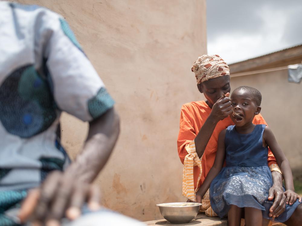 Toyin Salami works as a house cleaner, sweeping compounds. Her husband, Saheed, is a bricklayer. When they have food, a typical breakfast for their four children is pap (a fermented cereal pudding made from corn).