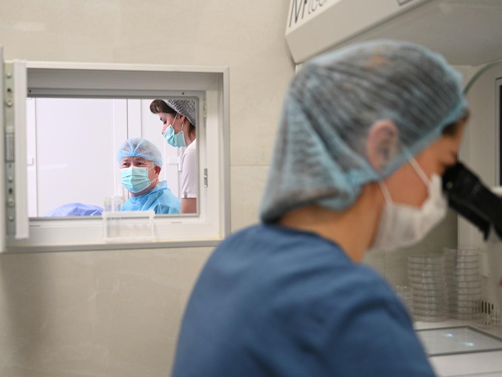 Dr. Stefan Khmil, seen through window, performs gynecological procedures for a patient.