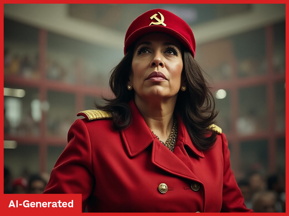 An AI-generated image purporting to show Vice President Kamala Harris wearing communist garb. The image was shared X's owner, Elon Musk, to millions of his social media followers in August.