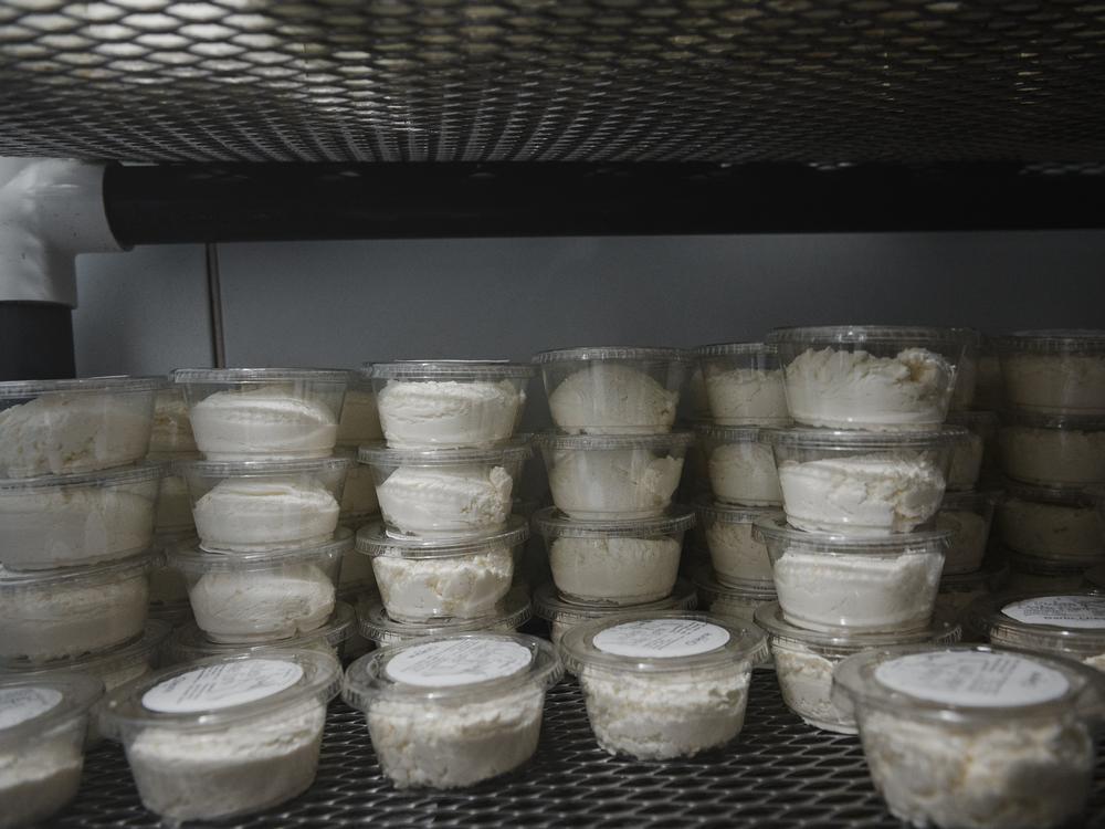 Goat cheese is in a freezer at Linden Dale Farm in Ronks, PA, on Friday, October 18, 2024.