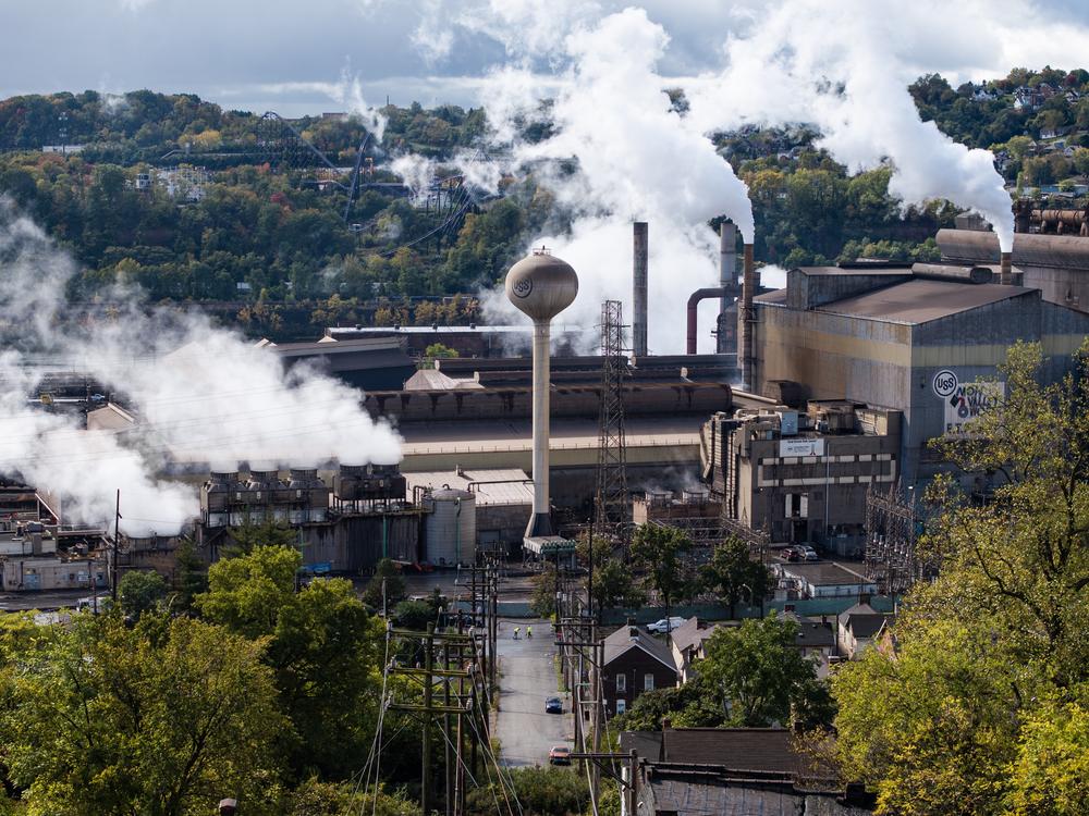 Smoke spews from the U.S. Steel Edgar Thomson Works smokestacks in Braddock on Oct. 16, 2024.