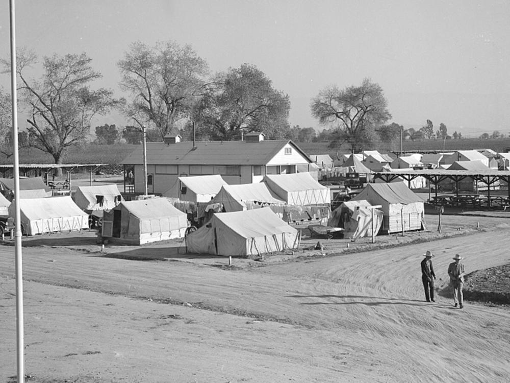 Part of Weedpatch Camp, showing one of three sanitary units, in 1936.